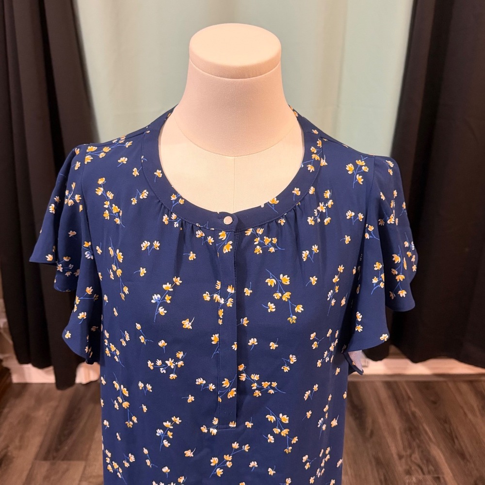 Tommy Hilfiger Floral Flutter Sleeve Ruffle Hem Shift Dress Navy Blue M Preppy - Picture 4 of 16